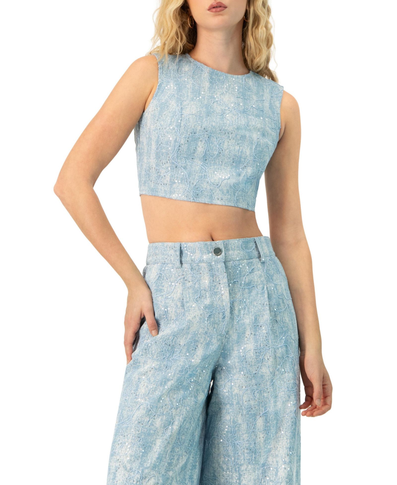 Ivonne Women's Sleeveless Embroidered Denim Crop Top