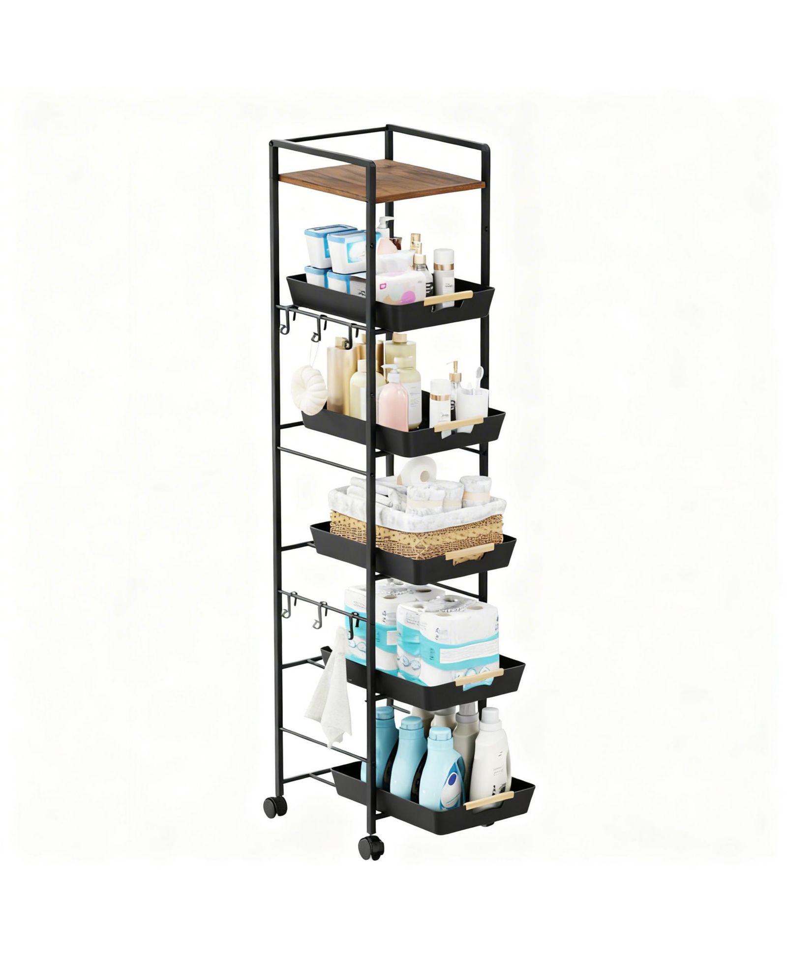 YIGII 6 Tier Storage Cart with Pull-out Drawers and Hooks for Kitchen, Bathroom, Laundry