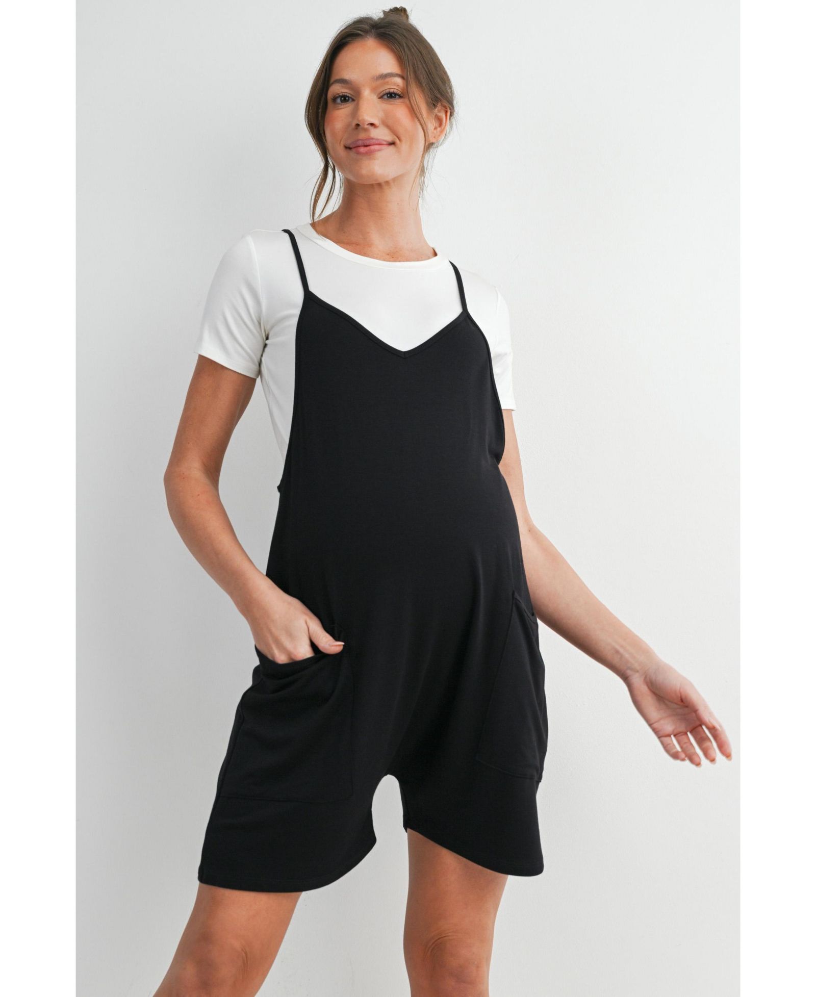 Hello Miz Maternity Sleeveless Loose Fit V-Neck Romper with Pockets and Adjustable Straps