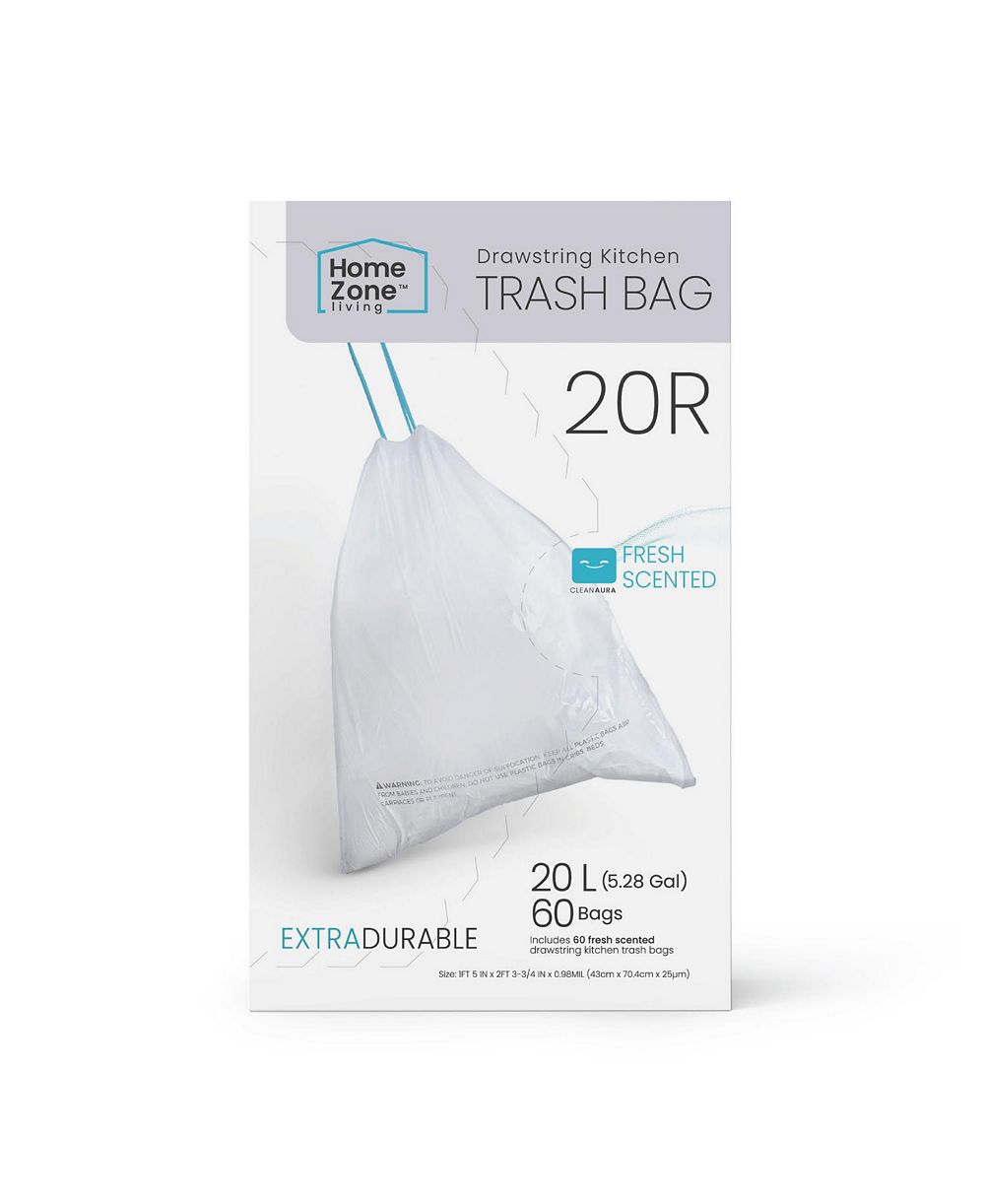 Home Zone Living Code 20R Drawstring Kitchen Trash Bags Custom Fit for 5 Gallon Recycling Bins, 60-Count