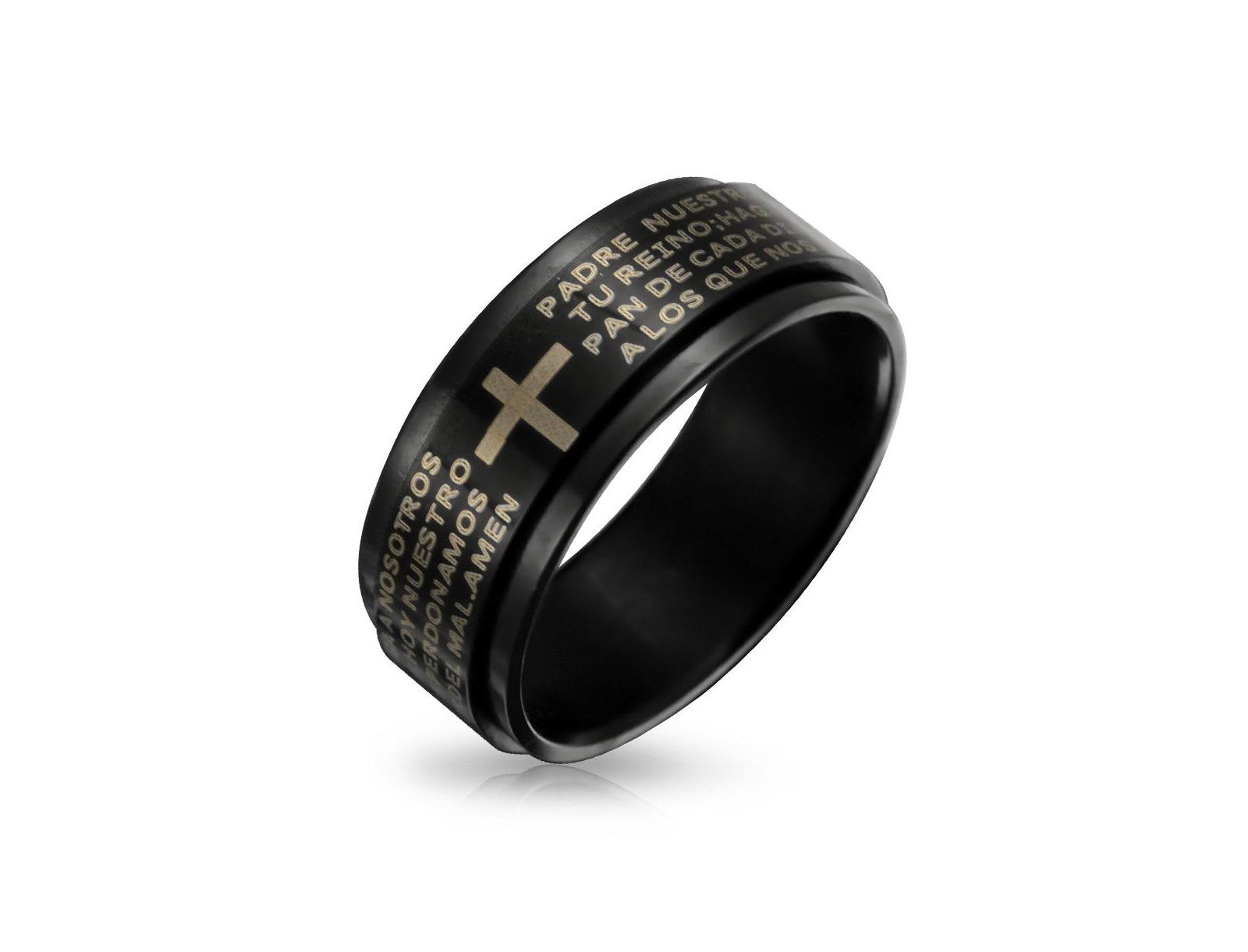 Bling Jewelry Black Spinner Religious Cross Words Lords Prayer Fidget Band Ring Stainless Steel
