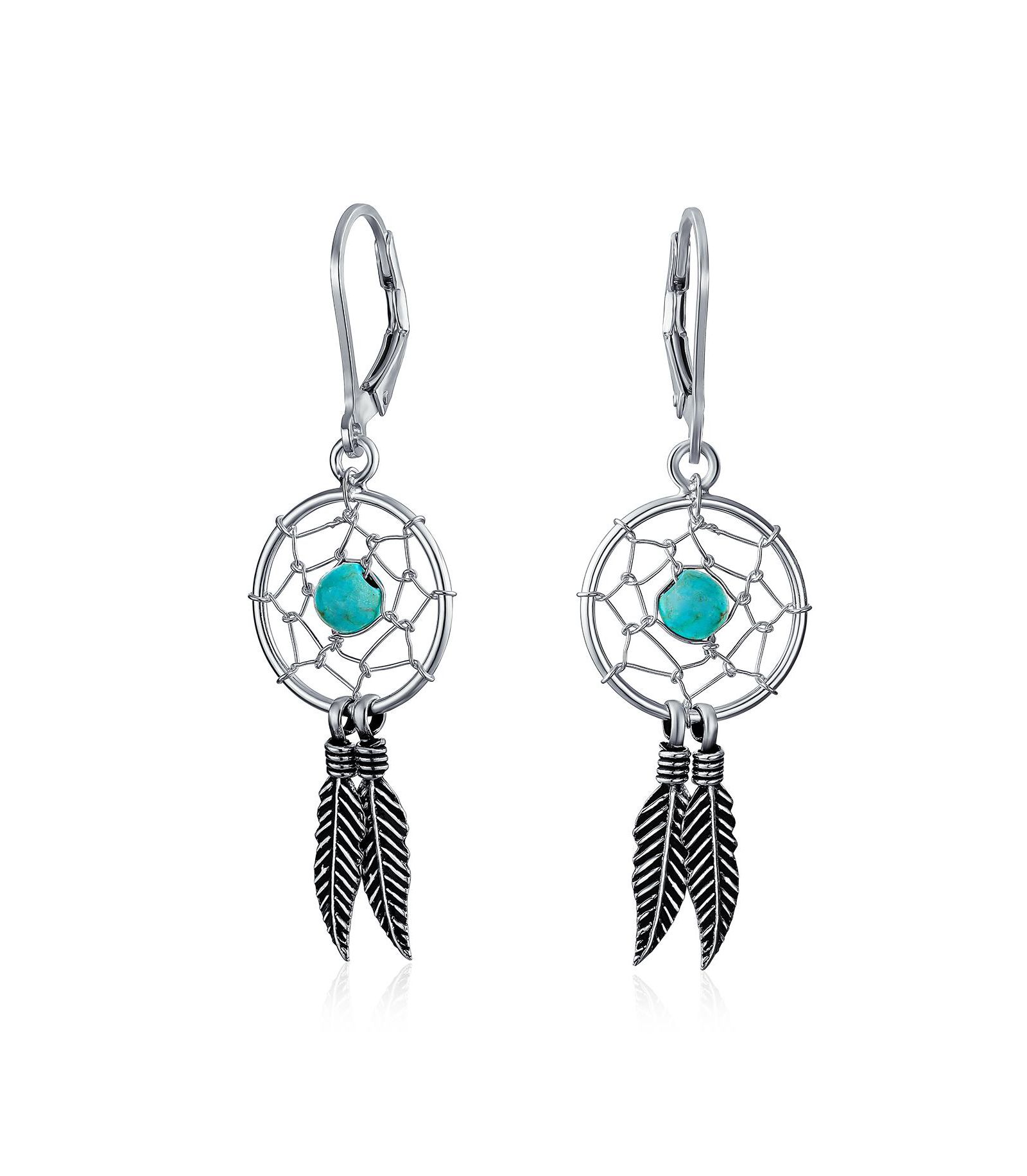 Bling Jewelry Blue Turquoise Dream Catcher Feather Dangle Earrings .925 Sterling Silver
