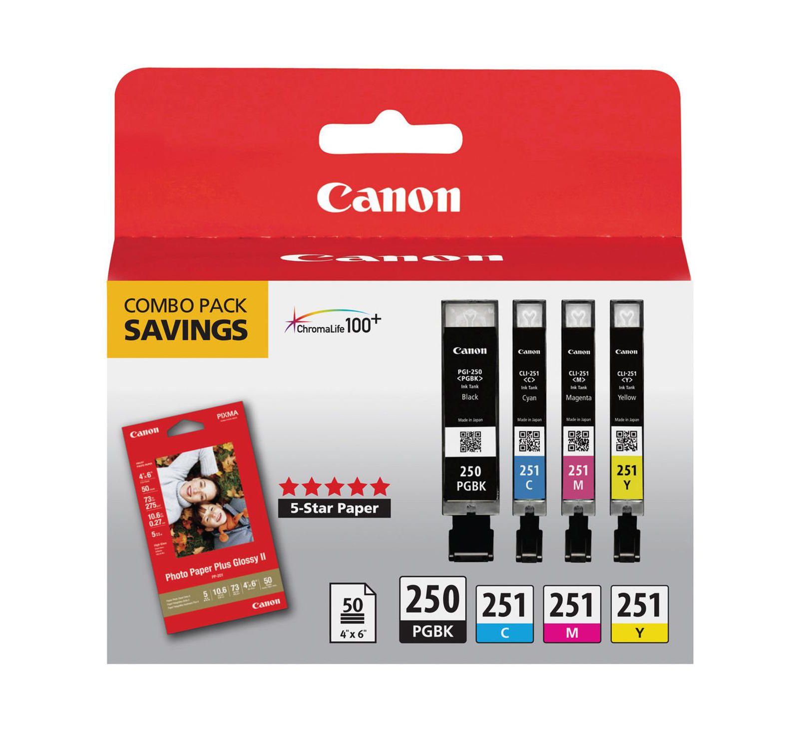 Canon PGI-250/CLI-251 Black/Cyan/Magenta/Yellow Ink and Paper Combo with Canon PIXMA, 4-Pack