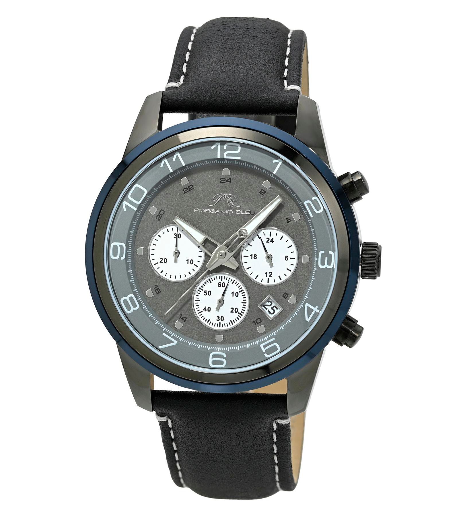 Мужские часы Porsamo Bleu Arthur Chronograph Black Genuine Leather Band 44 mm