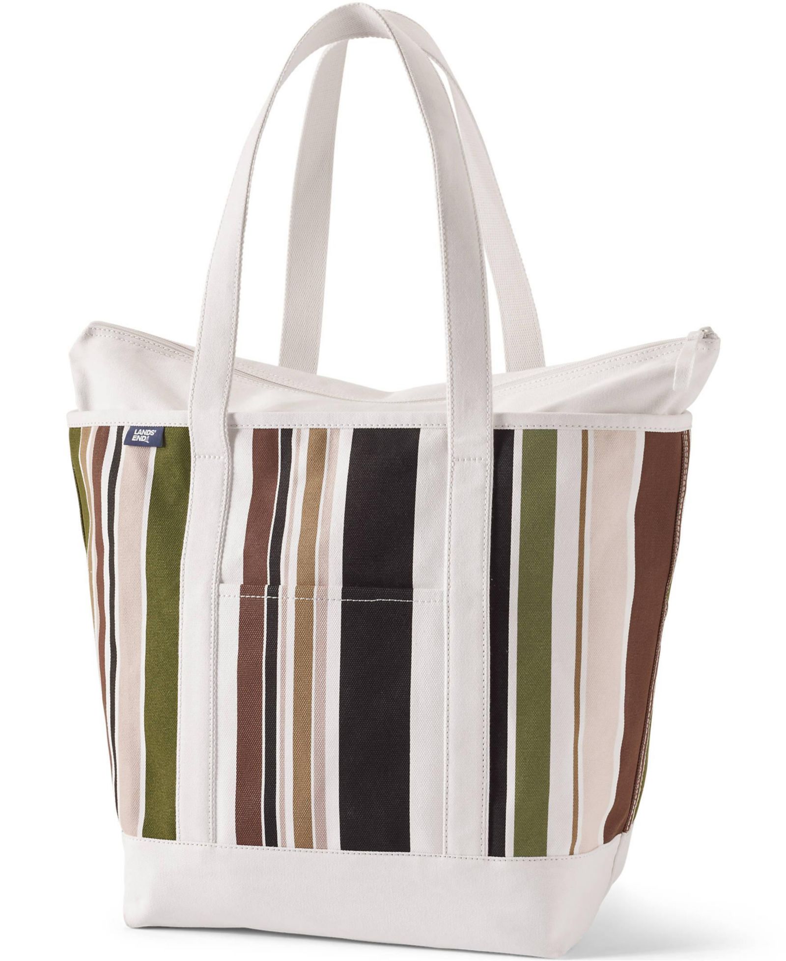 Lands' End Large Print 5 Pocket Zip Top Long Handle Canvas Tote Bag
