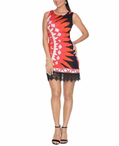 White Mark Women's Printed Sleeveless Lace Hem Sheath Dress