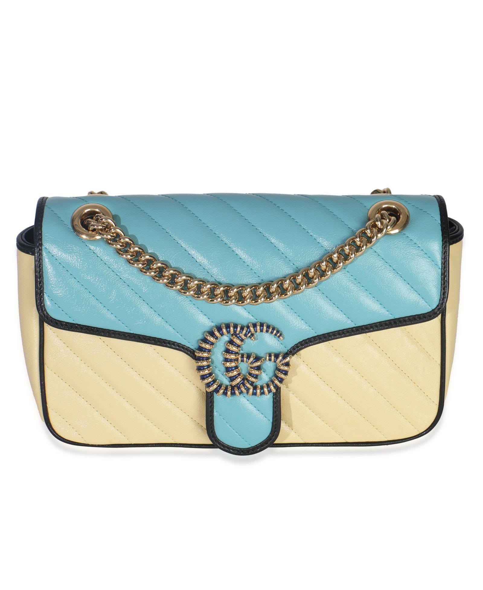 Сумка Pre-Owned Gucci Blue Yellow Calfskin Matelasse Diagonal Torchon Small GG Marmont