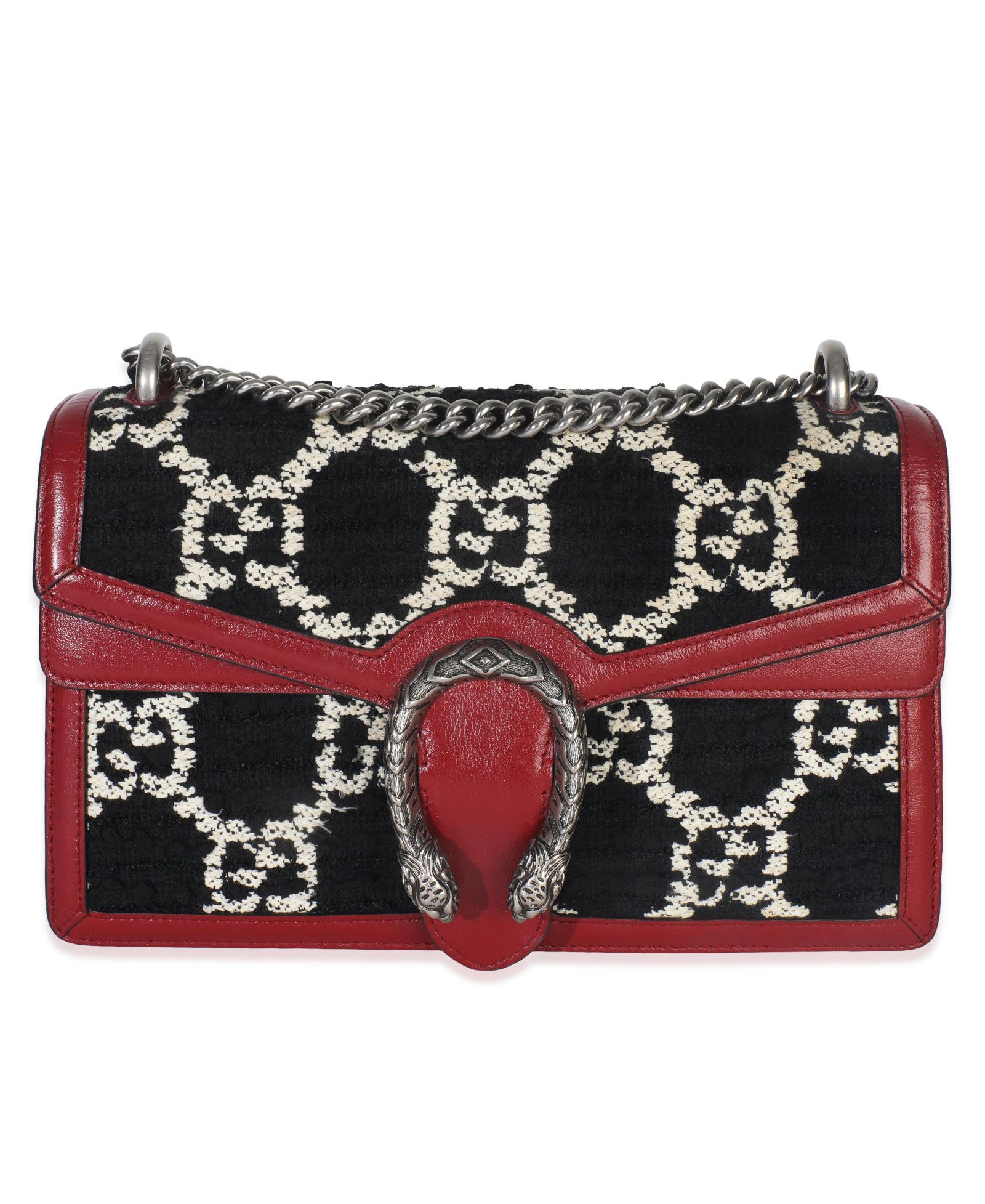 Pre-Owned Gucci Black White Red Tweed GG Monogram Medium Dionysus Shoulder Bag