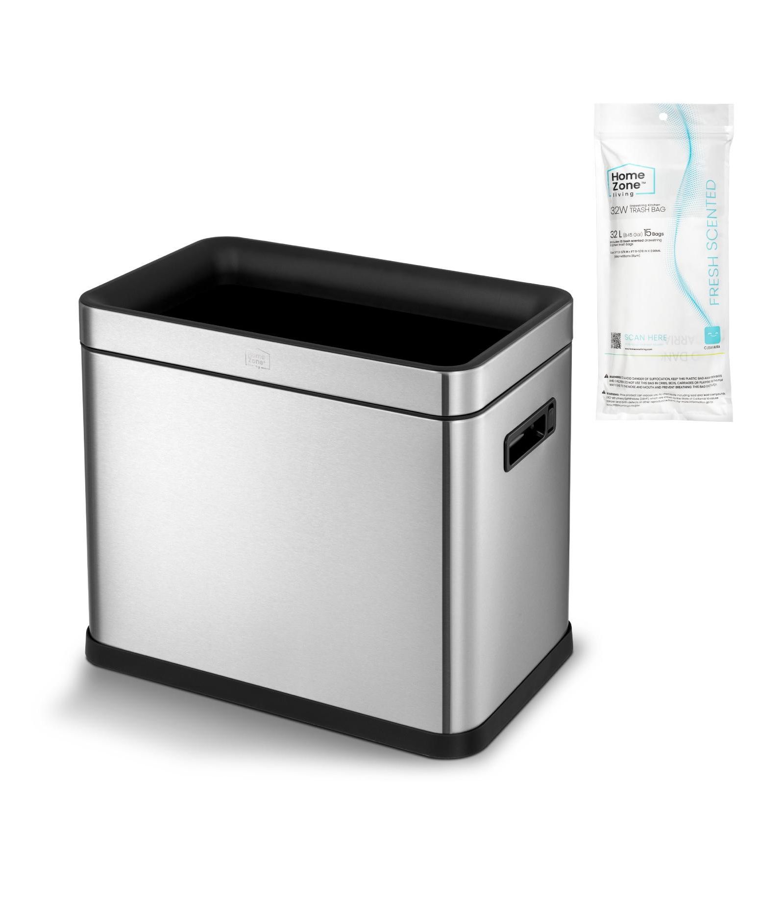 Home Zone Living 9 Gallon Slim Kitchen Trash Can with Open Top for Commercial Use, Stainless Steel, Silver