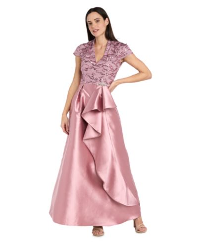 R & M Richards Women’s Long Mikado Ballgown with Embroidered Mesh Bodice