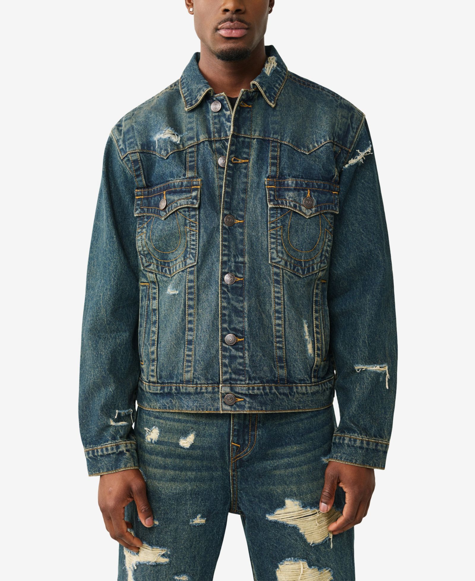 True Religion Men's Collared Destroyed Oversized Jacket