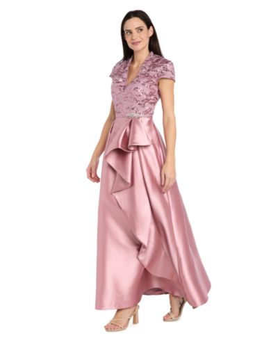 R & M Richards Petite Long Mikado Ballgown with Embroidered Mesh Bodice