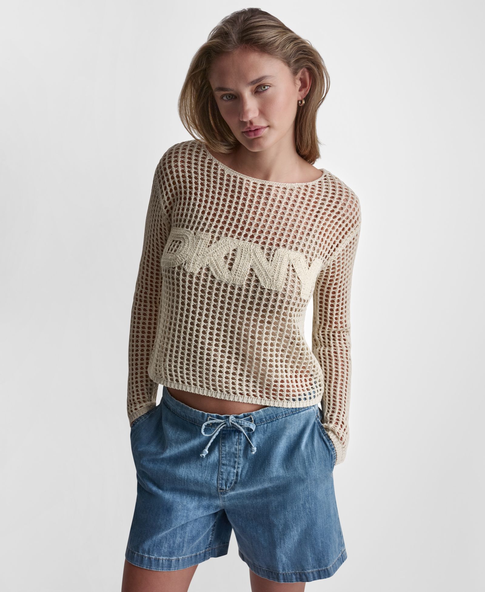 Свитер DKNY Jeans Petite Long-Sleeve Pointelle Crochet Open-Stitch Boat Neck
