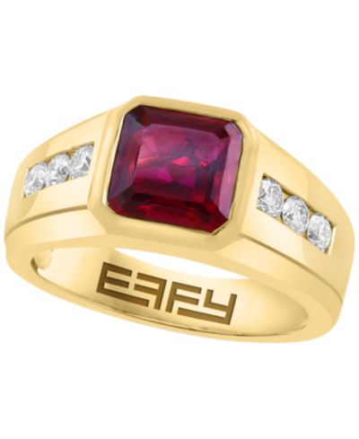 Мужское кольцо EFFY Collection с выращенным рубином (3-3/4 ct. t.w.) и выращенным бриллиантом (1/2 ct. t.w.) в золотом покрытии поверх серебра