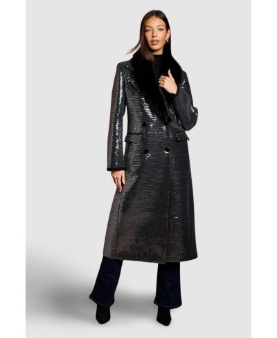 Coast Women's Faux Fur Collar Sequin Longline Coat
