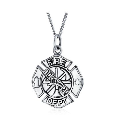 Bling Jewelry Symbol Firefighter Fire Dept Shield Medallion Pendant Necklace .925 Sterling Silver