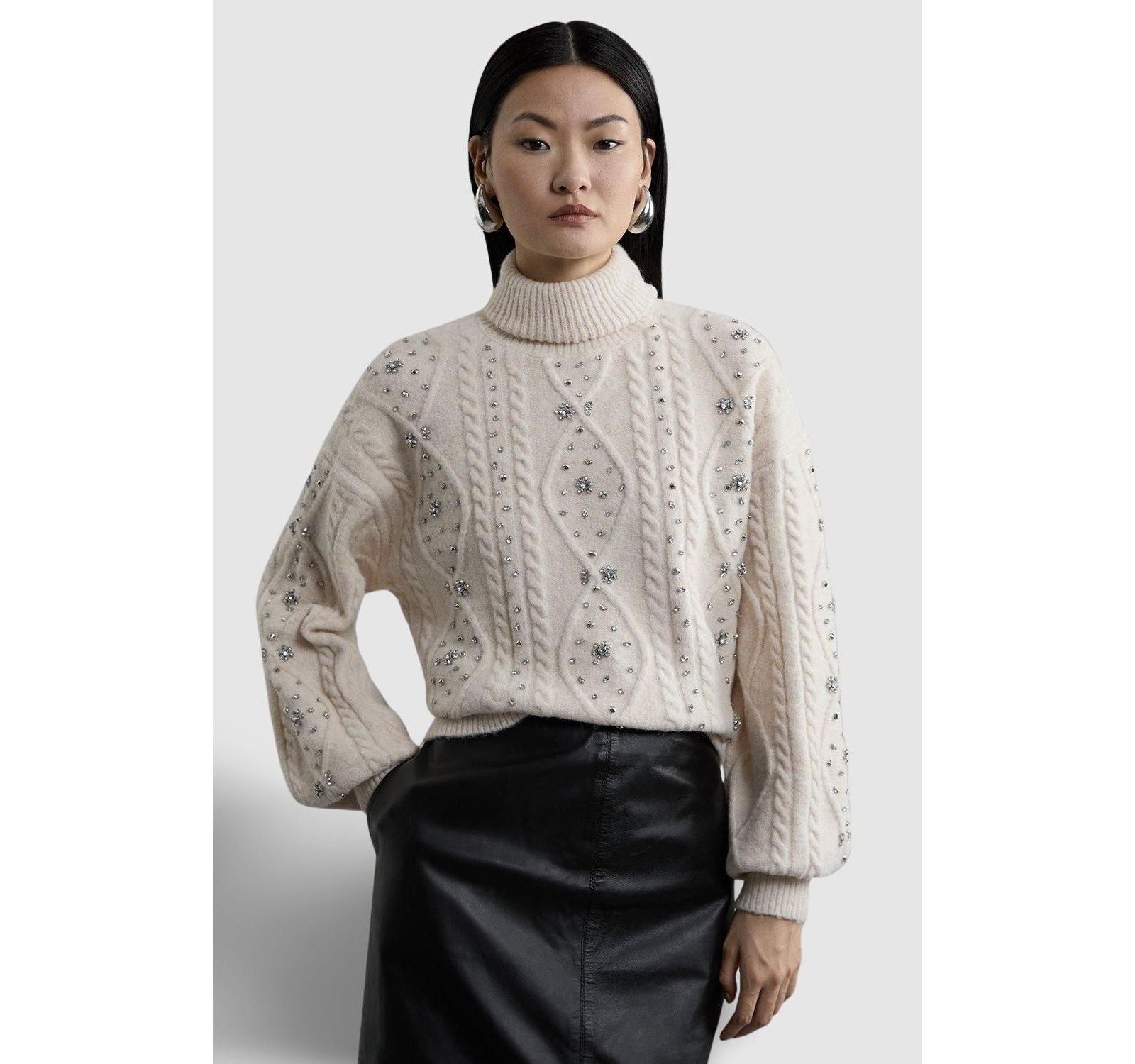 Karen Millen Women's Wool Blend Embellished Cable Knit Jumper
