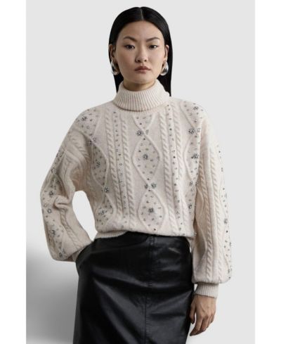 Karen Millen Women's Wool Blend Embellished Cable Knit Jumper