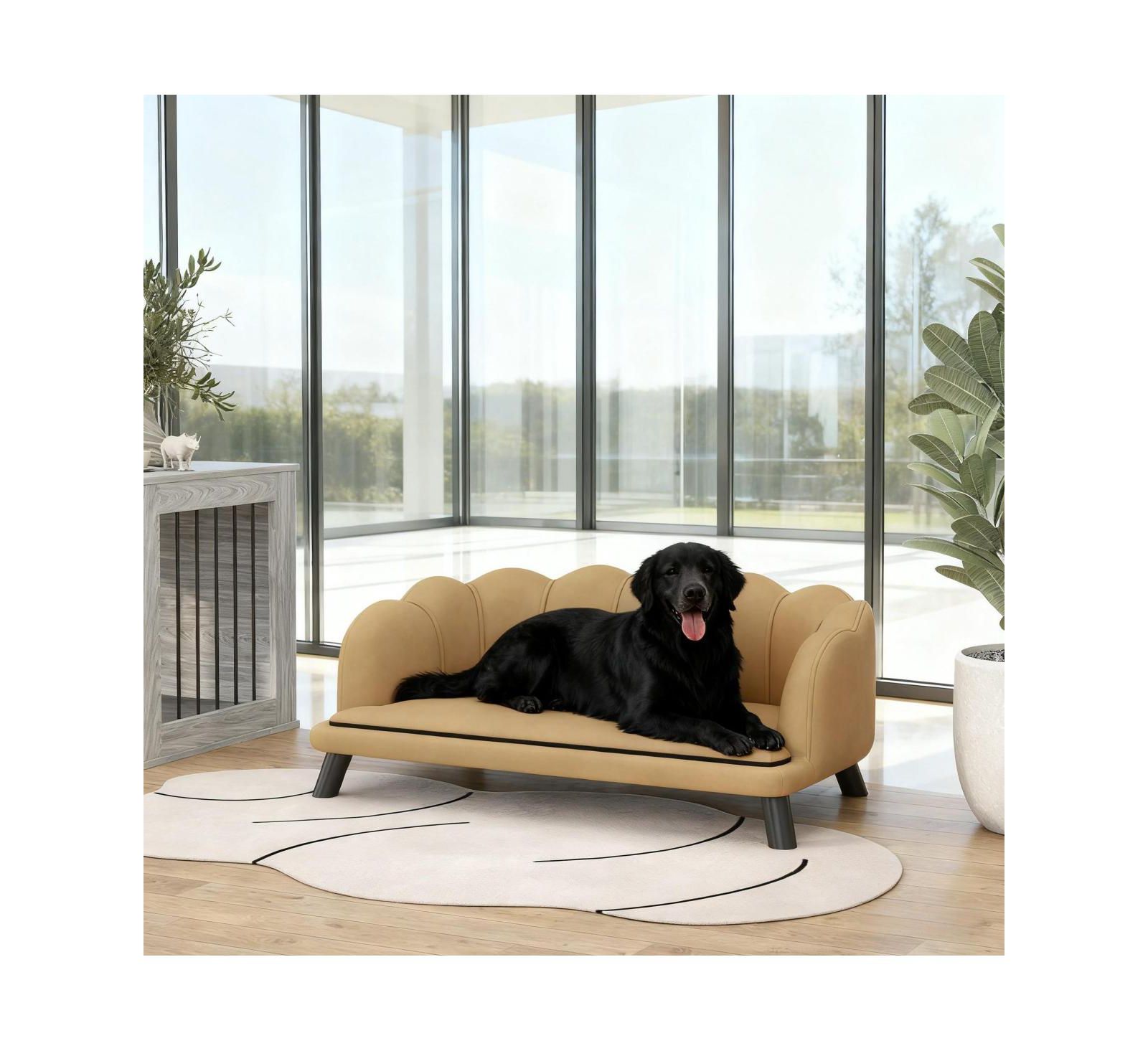 6thdruple Coffee Velvet Pet Sofa with Pearl Backrest, Stylish Large Dog Couch, Removable Cushion for Medium Large Dogs