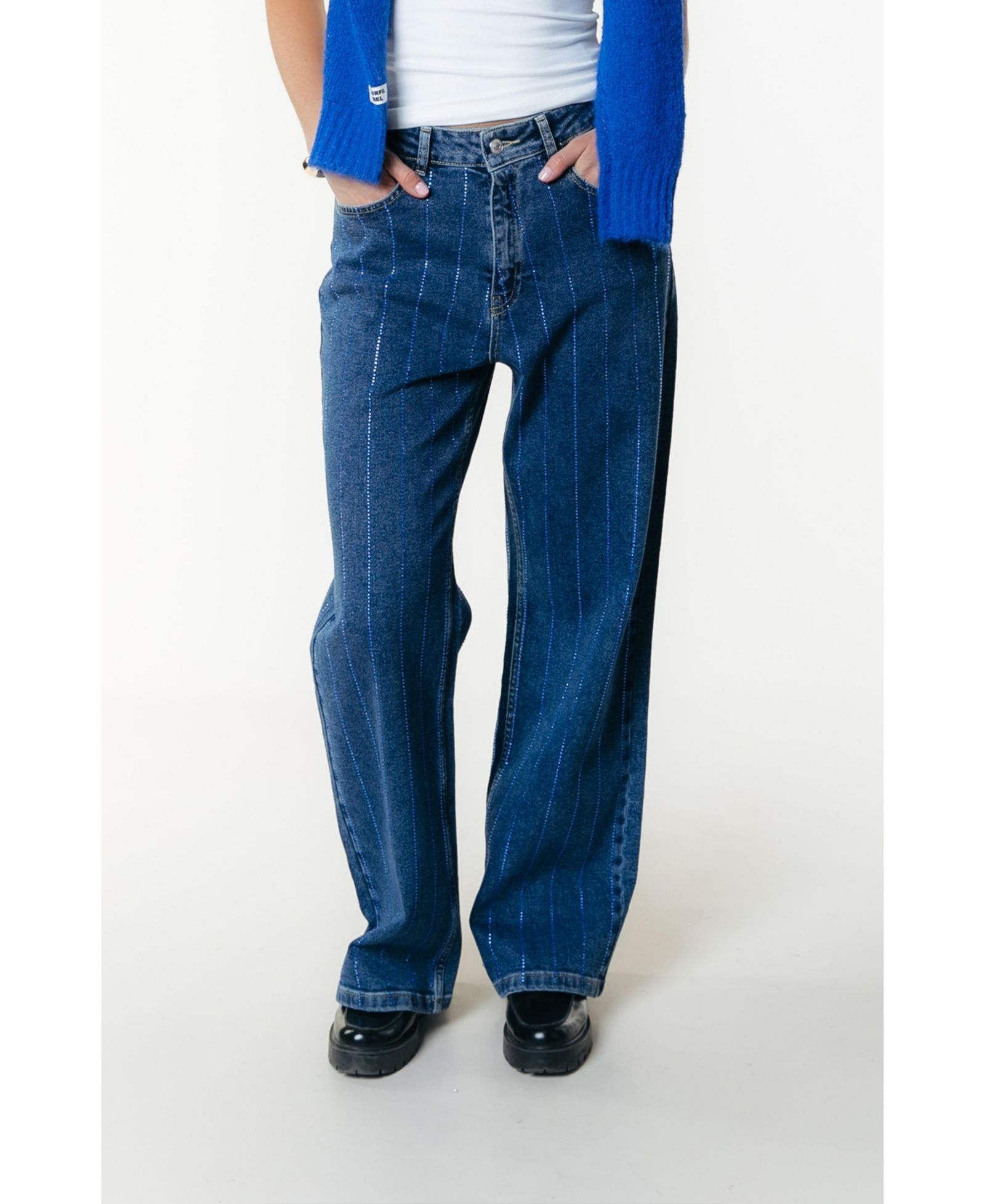 Colourful Rebel Women's Gaias Rhinestones High Rise Wide Leg Denim Pants