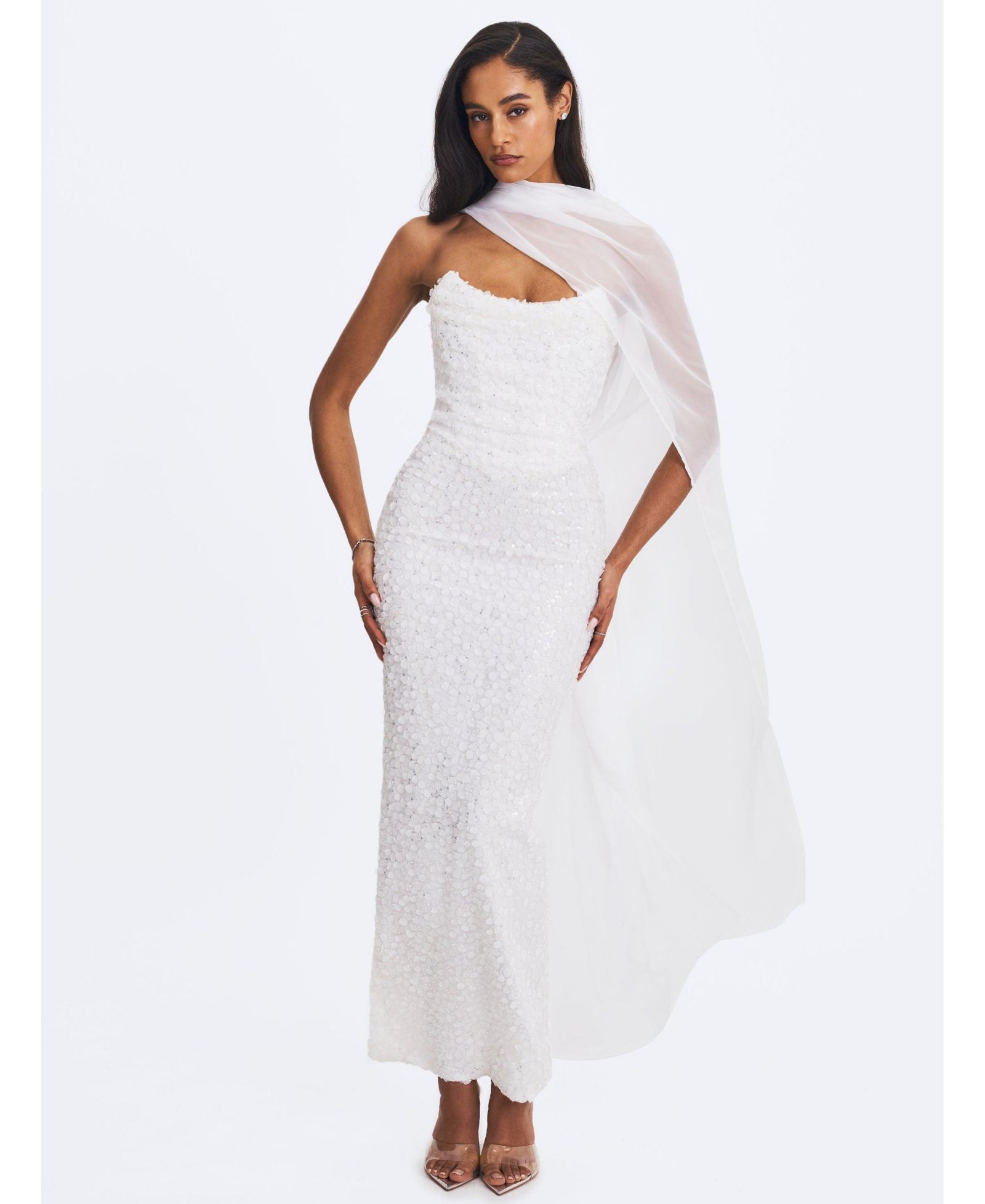 Miss Circle Women's Myra White Beaded Mesh Strapless Wedding Dress