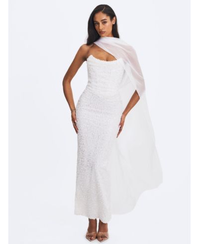 Miss Circle Women's Myra White Beaded Mesh Strapless Wedding Dress
