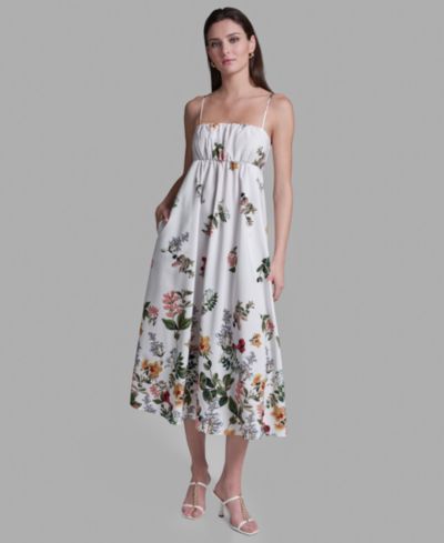 BCBG Women's Floral Print Square Neck Midi Dress