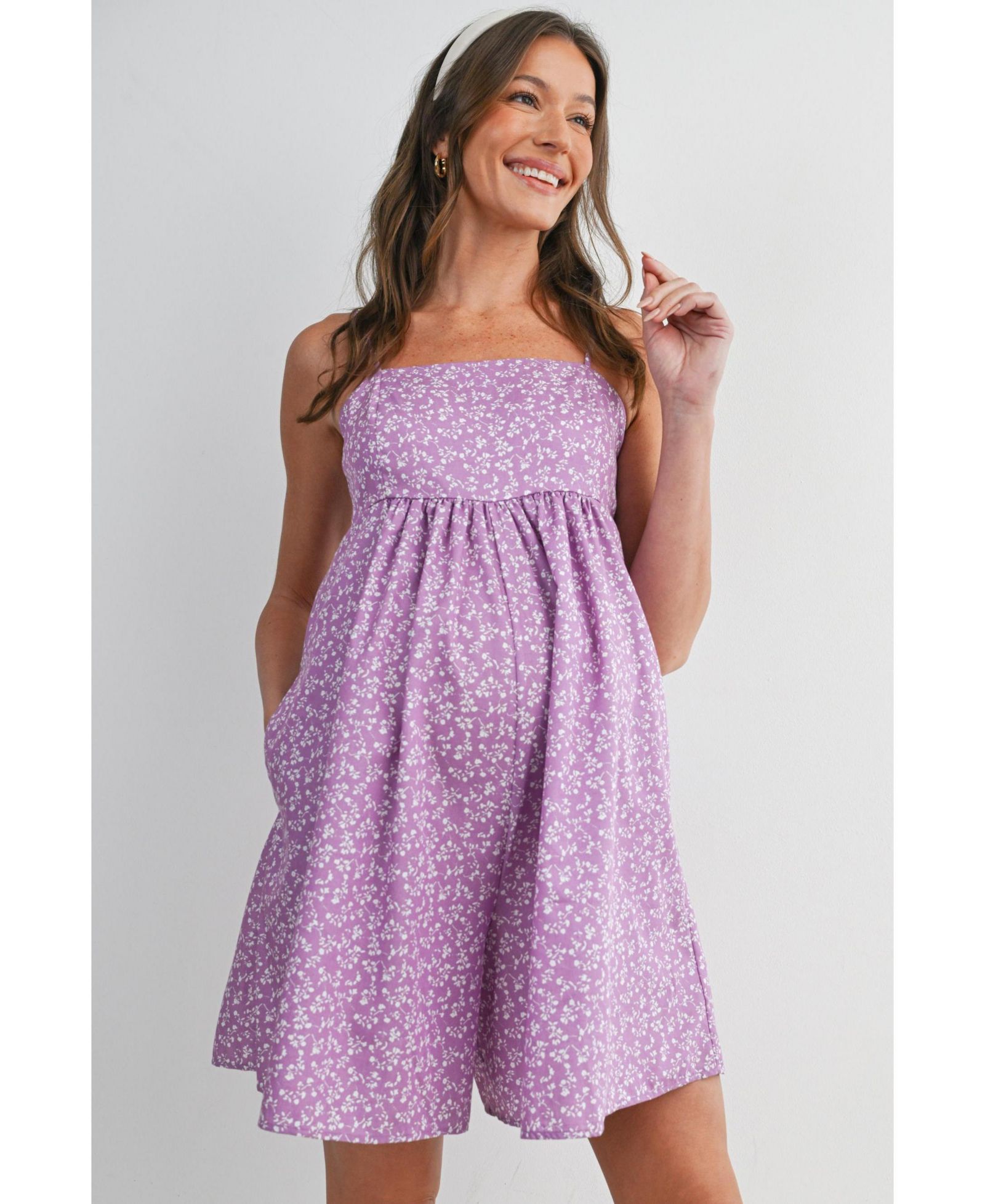 Hello Miz Maternity Floral Square-Neck Adjustable Strap Romper with Pockets