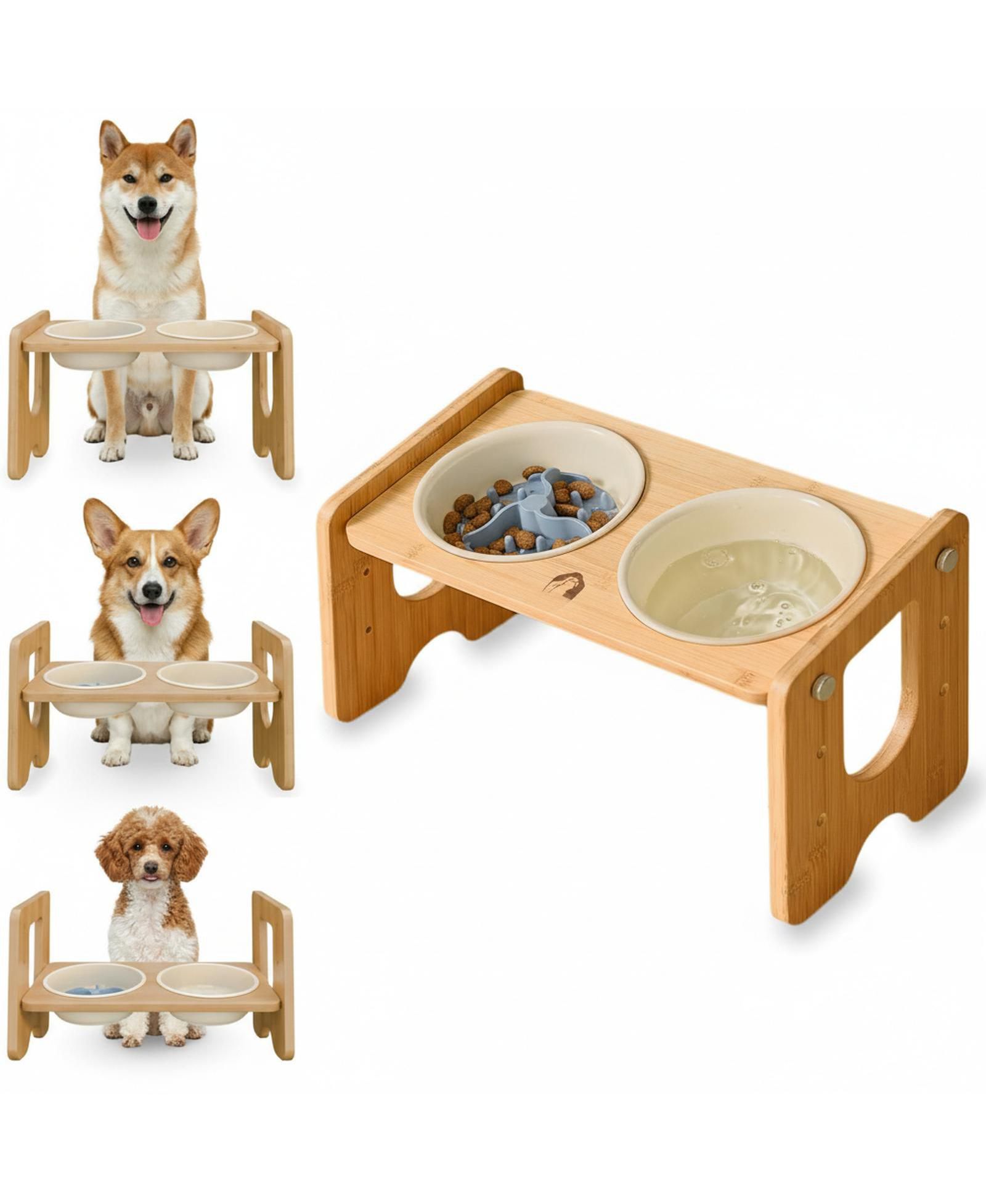 Керамическая миска для собак ARONKL с подставкой Adjustable 3 Heights 13° Tilt 2×22 Oz Non-slip Bamboo Stand