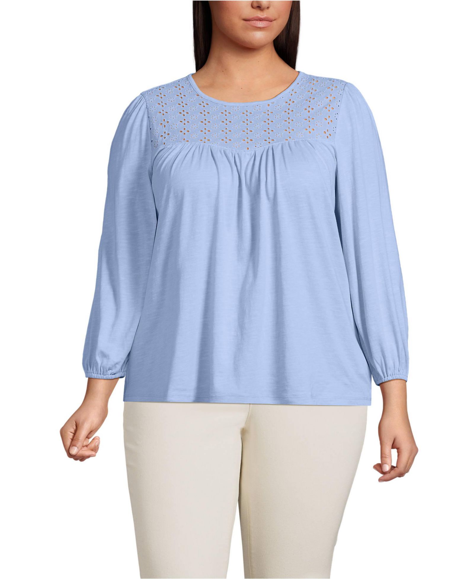 Lands' End Plus Size 3/4 Sleeve Eyelet Mix Flowy Top