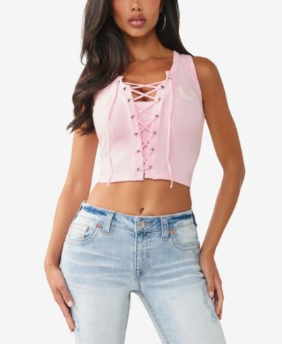 True Religion Женский топ-майка Rib Lace Up Applique