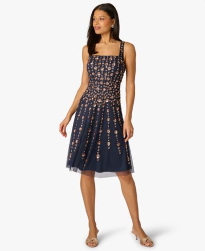 Adrianna Papell Petite Beaded Square Neck Knee-Length Dress