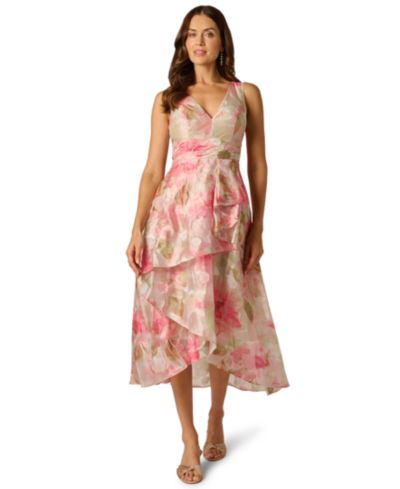 Adrianna Papell Petite Cascade Organza V-Neck Midi Dress