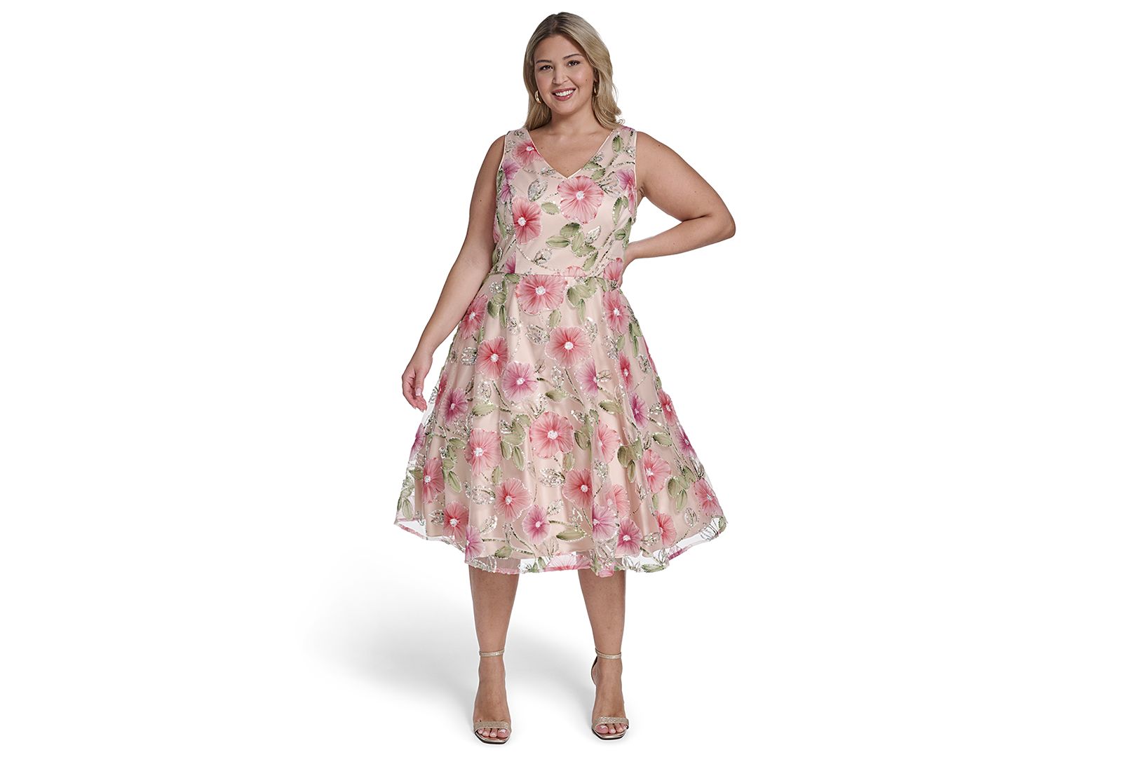 Eliza J Plus Size Polyester-Blend V-Neck Sleeveless Midi Dress