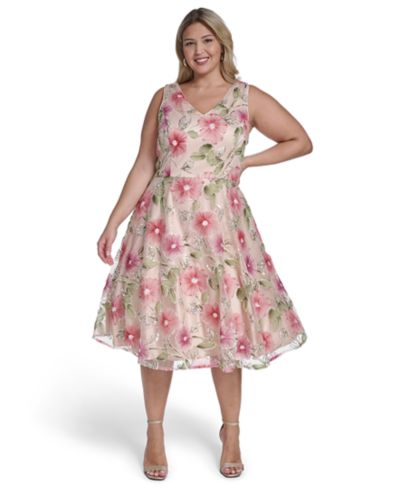 Eliza J Plus Size Polyester-Blend V-Neck Sleeveless Midi Dress
