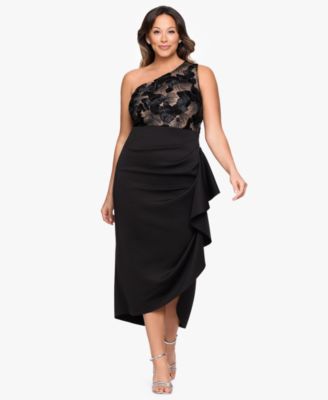 Betsy & Adam Plus Size One-Shoulder Sequin Midi Dress