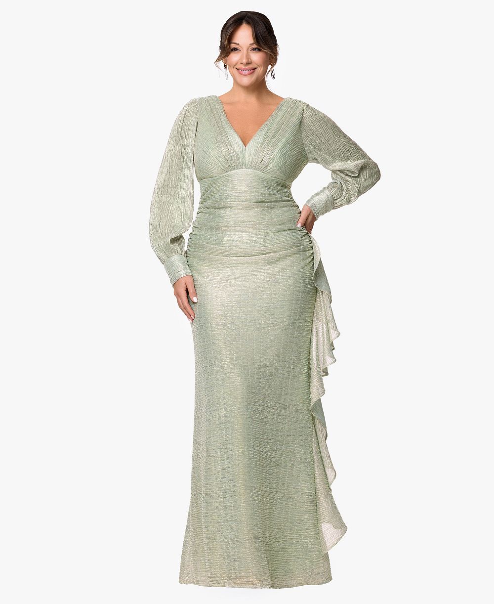 Betsy & Adam Plus Size Long-Sleeve V-Neck Metallic Dress