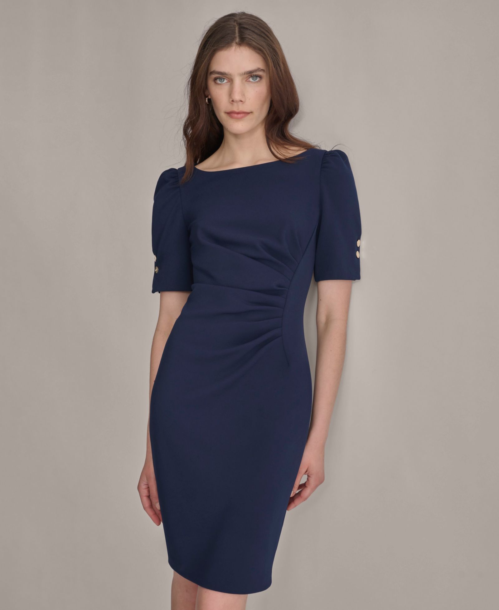 DKNY Petite Ruched Jewel Neck Sheath Dress