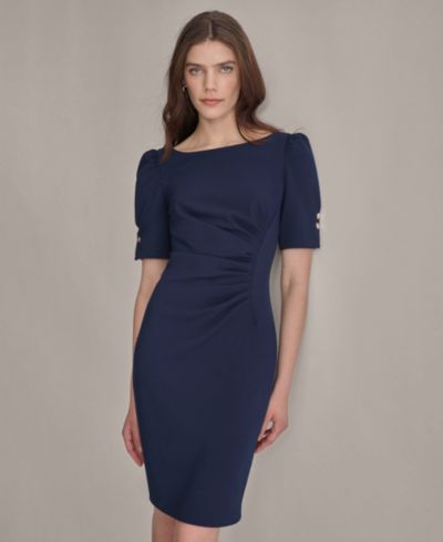 DKNY Petite Ruched Jewel Neck Sheath Dress