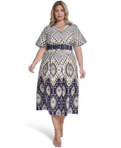 Jessica Howard Plus Size Collared Belted Shirt-Dress