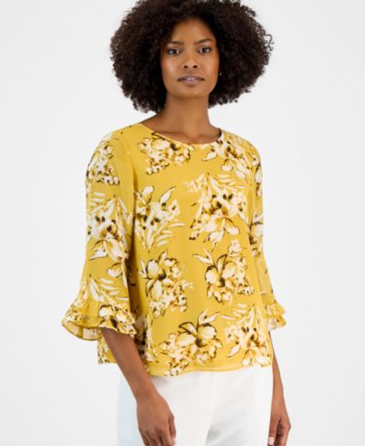Женская блузка Kasper Petite Crewneck Ruffle-Sleeve Printed