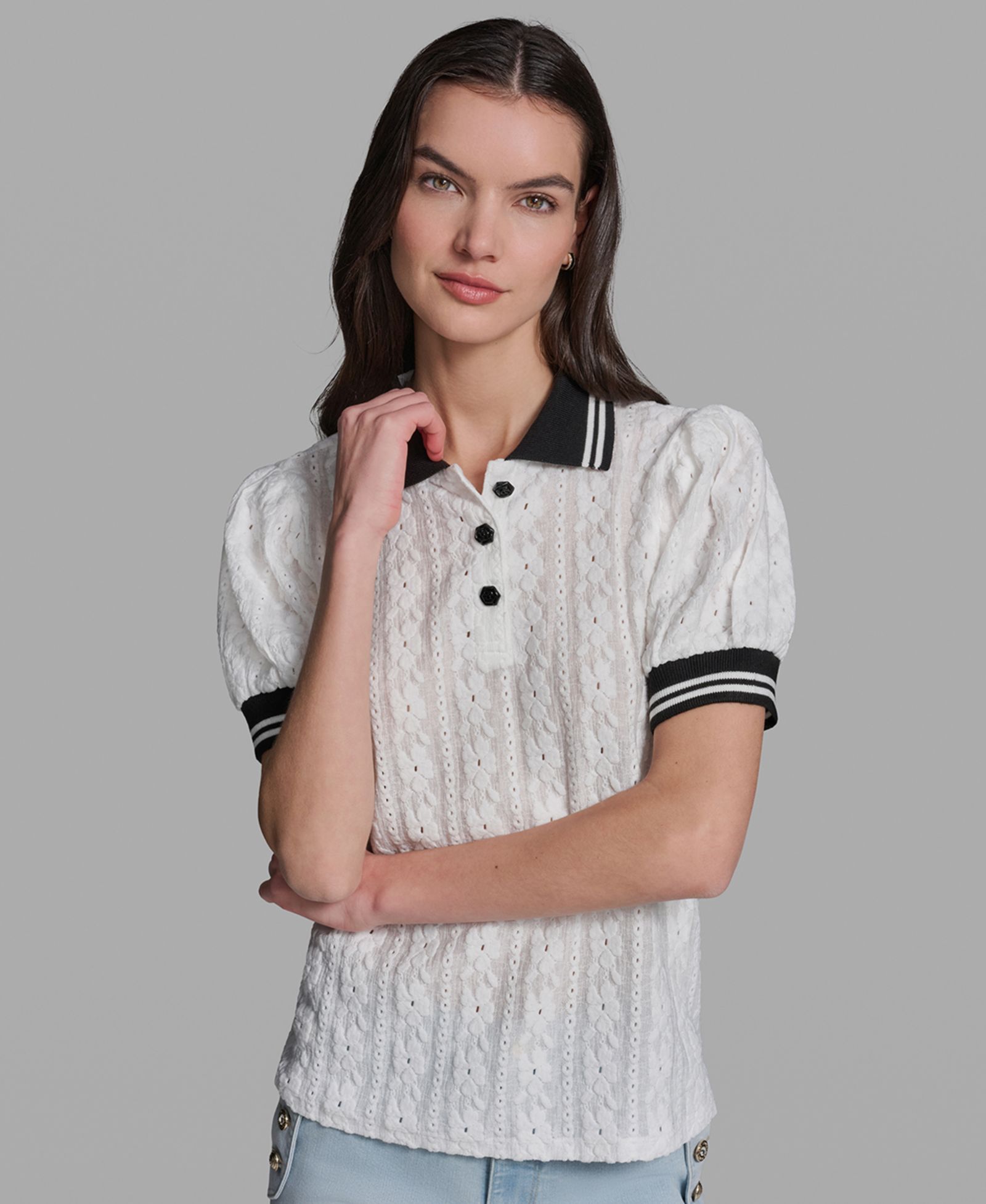 KARL LAGERFELD PARIS Petite Collared Knit Polo Top
