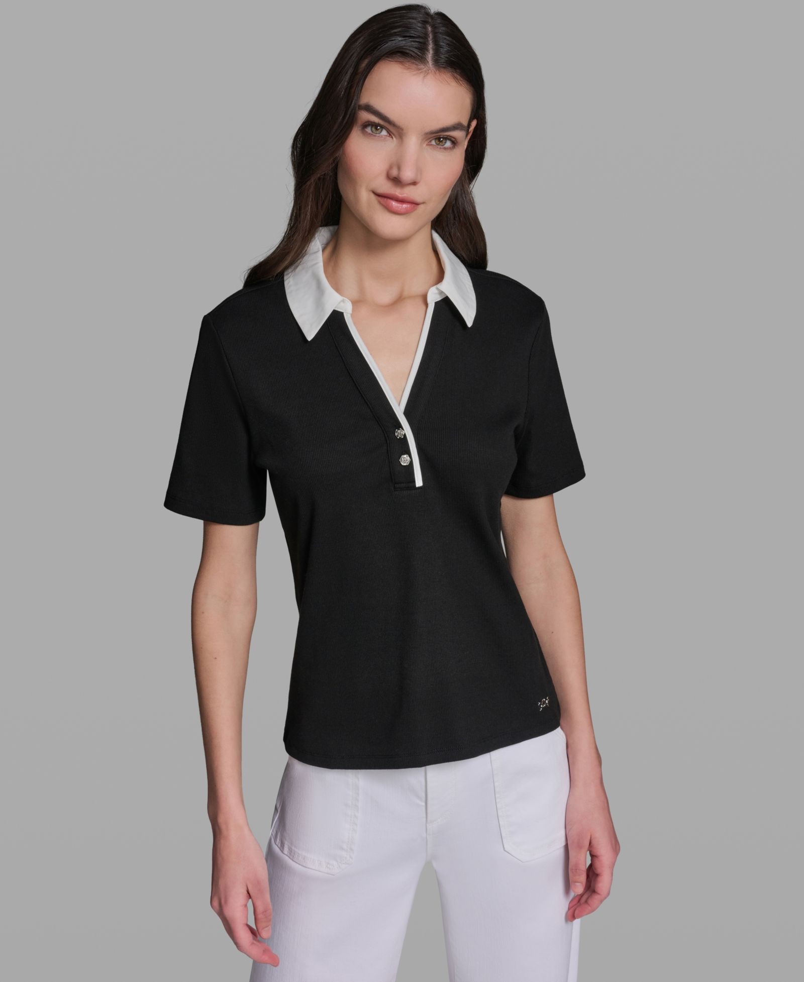 KARL LAGERFELD PARIS Petite V-Neck Polo Collar Top