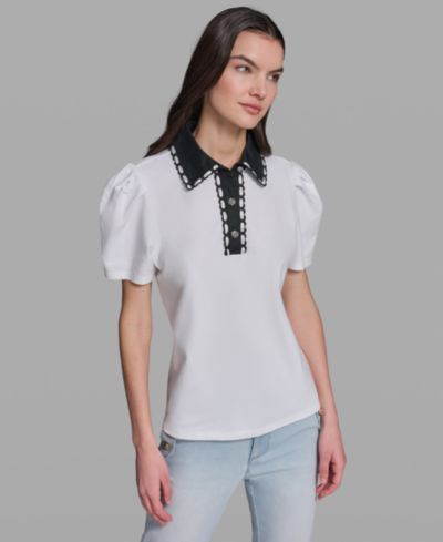 KARL LAGERFELD PARIS Petite Button-Up Polo Collar Top