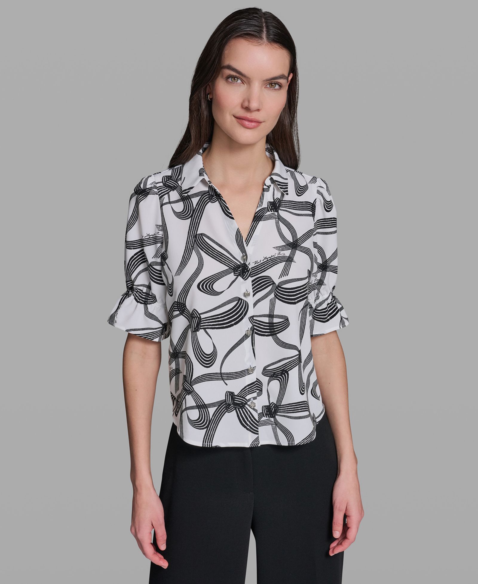 KARL LAGERFELD PARIS Petite Bow Print Collared Blouse