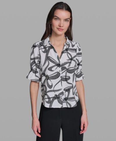 KARL LAGERFELD PARIS Petite Bow Print Collared Blouse