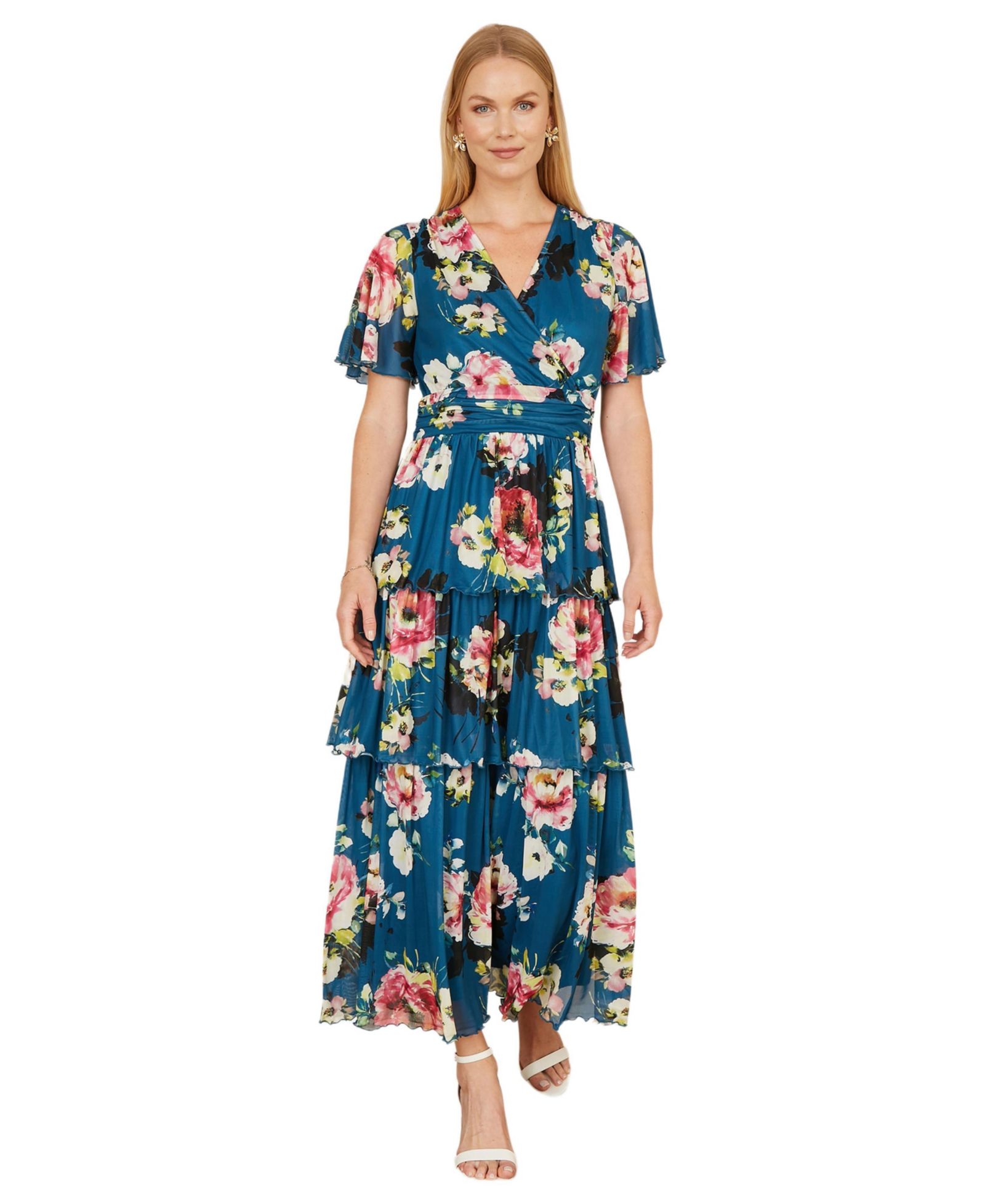 Yumi Women's Mesh V-Neck Tiered Maxi Dress