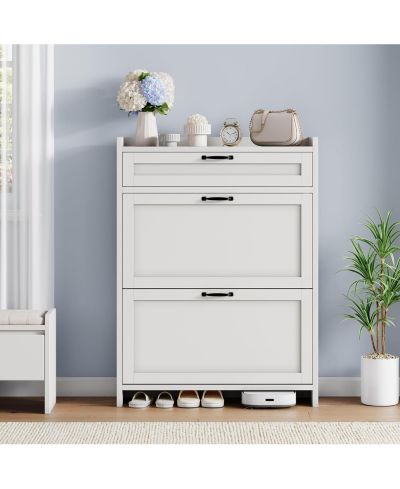 gaomon Shoe Cabinet with 2 Flip Drawers & 1 Top Drawer, High-Gloss Painted Wood Shoe Organizer with Adjustable Shelves