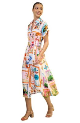 Yumi Women's Tropical Postcard Print Midi Shirt Dress