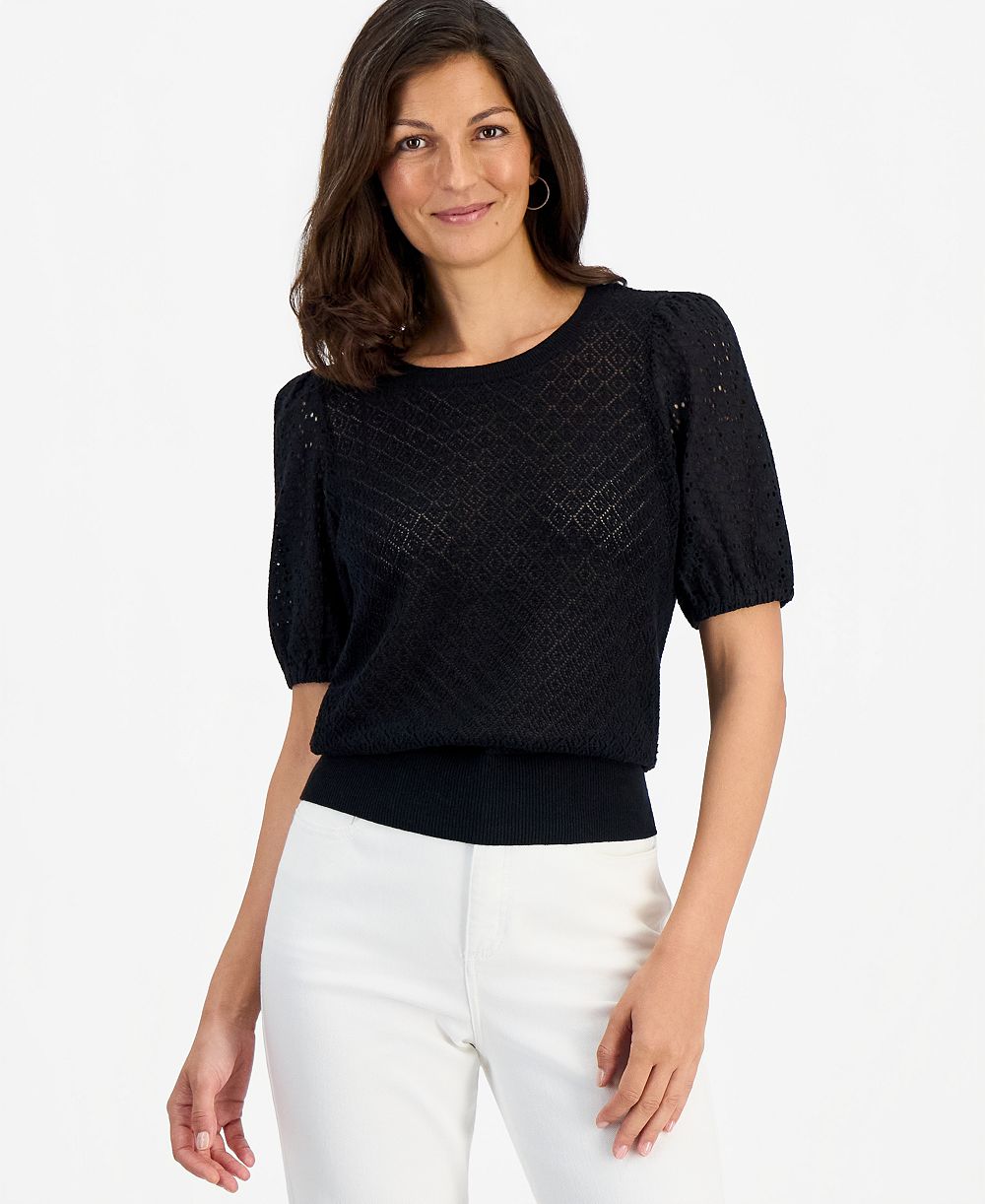 Style & Co Petite Puff-Sleeve Pointelle Sweater, Macy's Exclusive